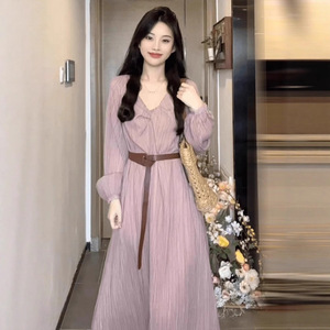 French Style V Neck Long Sleeve Empire Waist Dress Raspberry Pink Casual Vacation Wear - Product Image 3