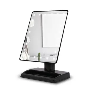 Oem Odm Aangepaste Logo Zwart Wit Vierkante Draaibare Touch Schakelaar Tafel Bureau Desktop Led Licht Cosmetische Vanity Make-Up Spiegel