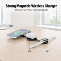 Station de charge rapide 3-en-1 15W PD sans fil pliable magnétique à rotation 360° pour téléphones portables, montres connectées et écouteurs USB-C de bureau