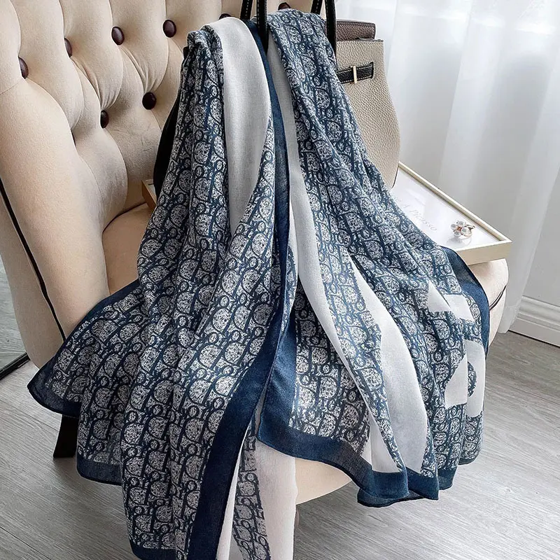 Low MOQ Euro Luxury Brand design hijab scarf letter printed viscose scarves for women cotton linen women scarves shawls