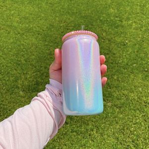 Bouteille en verre scintillante de 16 oz avec couvercle diamanté, couleurs bleu, rose, blanc, argent, violet, effet brillant, pour sublimation - Product Image 4