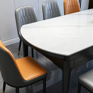 Ensemble de table à manger en pierre frittée, structure en bois massif avec tiroir de rangement, chaises de salle à manger en cuir PU bicolore, mobilier de salle à manger domestique - Product Image 2