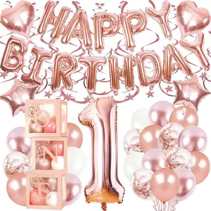 Palloncino rosa ghirlanda di coriandoli palloncino ragazzo ragazza 1a festa di compleanno scatola di palloncini Decor 1 2 3 anni Baby Shower Set
