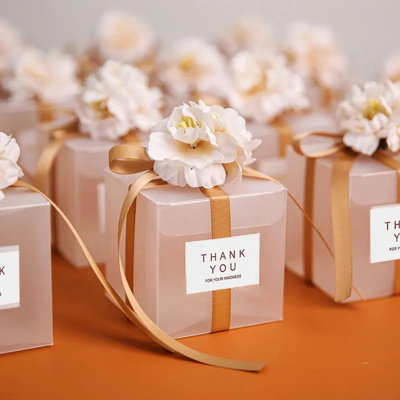 Recuerdo de boda romántico, embalaje de dulces de plástico, Chocolate, PVC, PET, cajas de cubo transparente con cinta de flores