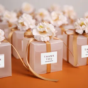 Romantic Wedding Favor Plastic Candy Packaging Chocolate PVC PET Clear Cube Boxes With Flower Ribbon