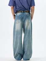 Jean droit vintage en denim bleu 100% coton taille mi-haute avec boutons et rivets, style décontracté Hip Hop Streetwear, hiver/été, tissu épais, délavage ODM