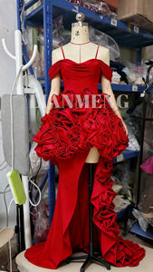 Lm A861 Prachtige Rode Off Shoulder Hoge Lage Jurk Met Ruche En Bloemenapplicaties Perfecte <span class=keywords><strong>Prom</strong></span> Speciale Evenementen - Product Image 2