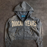 Sweat à capuche d'hiver gris DCY personnalisé de haute qualité, broderie 3D délavée à l'acide, avec strass, sur commande