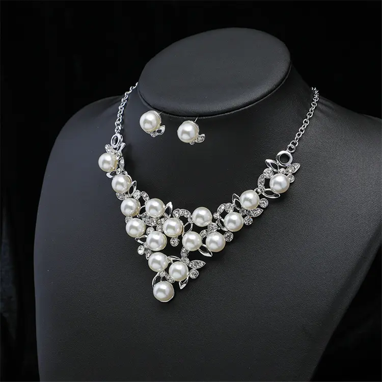 Groothandel Nieuwe Luxe Kraag Ketting Bruids Trouwjurk Accessoires Gold Diamond Pearl Stud Ketting Sieraden Set