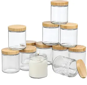 Clear round 8 oz thick glass jar with bamboo lid for making candles or storing spices, powders, liquids