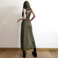 Cyber gothique désert marcheur robes à capuche Y2k Punk Grunge évider robe mi-longue femmes Sexy fendu côté solide Streetwear