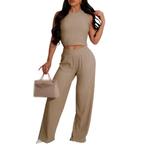 Conjunto de Dos Piezas para Mujer, Verano, Estilo Casual, Halter, Alta Elasticidad, Chaleco sin Mangas, Pantalones Largos Plisados, a la Moda - Product Image 5