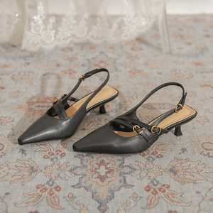 Brown Genuine Leather Pointed Toe Slingback Pumps Kitten Heel Buckle Strap Fashion Women's Shoes All Seasons High Heeled Shoes - Product Image 2