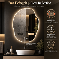 Miroir de salle de bain LED de forme organique avec rétroéclairage 3 couleurs, dégivreur intégral et fixation murale double tactile