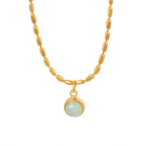 Cadena de cuentas de semillas chapada en oro de 18 quilates de acero inoxidable, collar con colgante de piedra natural circular para regalo de mujer - Product Image 4