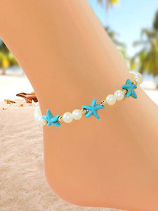 Tobilleras Bohemias con Cuentas de Perlas, Cadena para el Pie con Estrella de Mar Turquesa, Joyería de Playa - Product Image 4