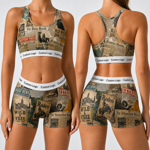 Set Yoga Certificato CE per Donne, 2 Pezzi, Reggiseno Sportivo ad Alto Impatto e Pantaloncini, Abbigliamento Sportivo Comodo con Stampa a Giornale, Intimo Femminile - Product Image 1