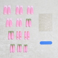Uñas postizas francesas K023 con diseño 3D de flor de durazno, estilo bailarina larga, estilo occidental dulce, reutilizables, ABS premium, MOQ1, venta al por mayor, stock disponible.