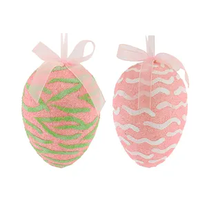 New Easter Ornament Props Hang Plastic Foam Eggs Pink Glitter Stripes Bow Ribbons Home Decoration Children's Party Pendant