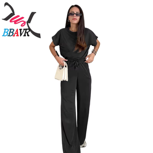 Conjunto de Blusa de Manga Corta de Color Sólido para Primavera y Verano, Pantalones Anchos de Cintura Alta, Moda Casual para Mujer - Product Image 1