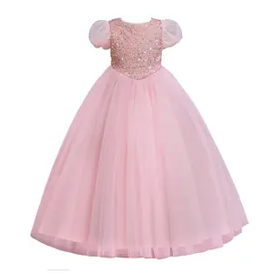 Vestido longo para crianças, saia de manga curta de lantejoulas princesa traje de esfregão