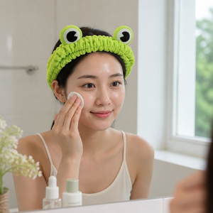 MUJU HQS001 <span class=keywords><strong>Bandeau</strong></span> de spa doux et moelleux antidérapant pour femme, pour le lavage du visage et les soins de la peau, avec motif grenouille, diable et cœur, et carte logo personnalisée - Product Image 5