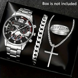 Stainless Steel Band Roman Scale Three-Eye Calendar Business Bracelet Cross Necklace Glass Dial No Box Men's Luxury Quartz <b>Watch</b> - Product Image 2