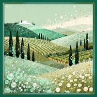 Foulard carré en soie à motif paysage campagnard vert Toscane, imprimé floral perlé, en twill de soie, bandanas personnalisés en gros