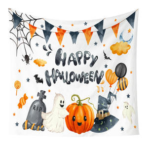 Tapisserie murale de dessin animé pour Halloween, décoration murale en polyester imprimé, rectangulaire, décoration pour la maison avec fantôme, citrouille, chapeau de sorcière - Product Image 4