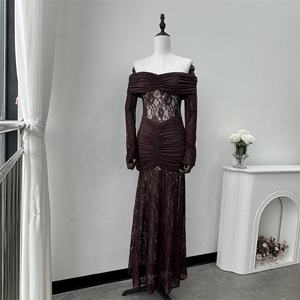 Robe longue moulante élégante en maille et dentelle T-1557 pour femme, manches longues, sexy, épaules dénudées, transparente, décontractée, pour <span class=keywords><strong>soir</strong></span>ée et fête estivale - Product Image 4