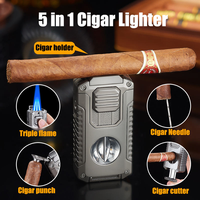 DEBANG Briquet à cigares multifonctionnel triple flamme puissant 5 en 1, torche, alliage de zinc, perforateur de cigares, coupe-ongles, rechargeable