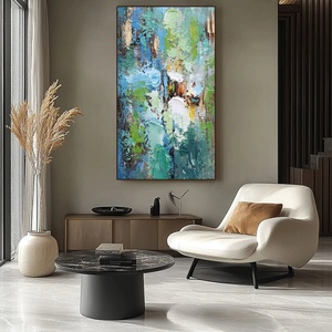 Art mural 3D, grande peinture murale abstraite verticale bleue et grise, peinture à l'huile sur toile pour la décoration moderne de la maison et des galeries - Product Image 3