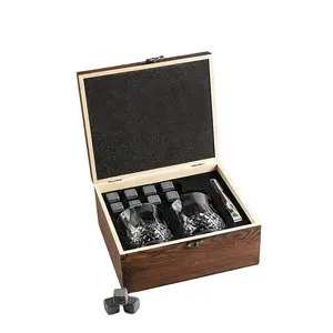 कस्टम व्हिस्की गिलास बॉक्स के साथ सेट में Soapstones और क्रिस्टल व्हिस्की ग्लास नाजुक वर्ग Coasters हस्तनिर्मित लकड़ी लकड़ी के बॉक्स