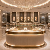 Comptoir de présentation de bijoux en verre blanc et or de luxe avec éclairage LED pour magasin de détail haut de gamme