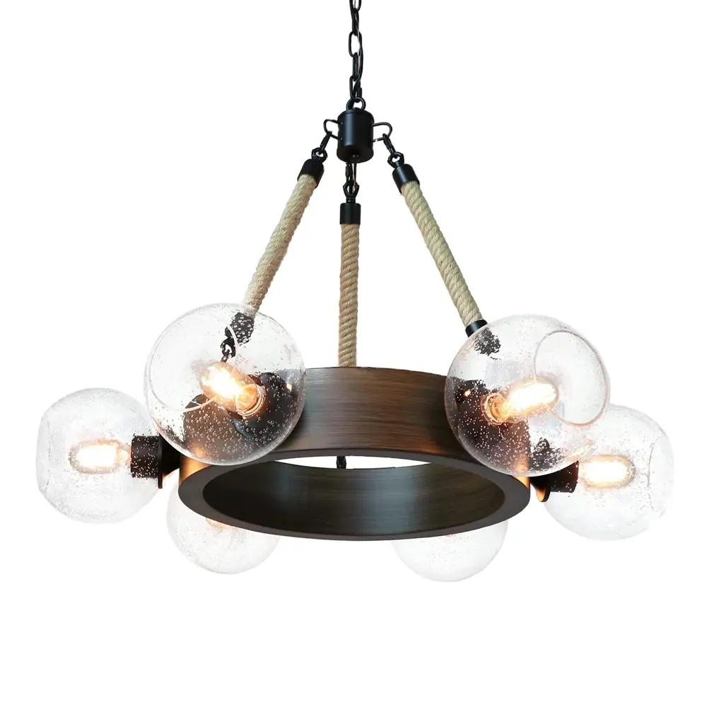 Seeded Glass Globes Covers 6-Light Rustic Metal Pendant Lighting Fixture For Dining Room Farmhouse Chandelier