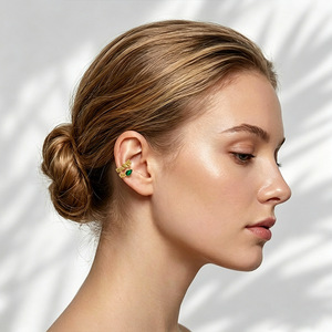 Women's Clip On <b>Earrings</b> Gold Green Zircon C Shape Geometric Design Ear Clips Without <b>Piercing</b> - Product Image 2