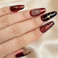 Uñas Postizas de Almendra con Efecto Ojo de Gato Borgoña, Estrella Dorada y Brillo Negro, Uñas Falsas Brillantes al por Mayor, Etiqueta Privada Personalizada