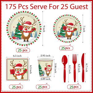 Kit de fournitures de fête jetables pour Noël : assiettes, gobelets, serviettes et couverts en papier pour les fêtes de fin d'année - Product Image 2