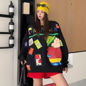 <span class=keywords><strong>Pull</strong></span> en molleton à manches longues de <span class=keywords><strong>grande</strong></span> <span class=keywords><strong>taille</strong></span> de style européen pour femmes, mi-long, ample, avec motif de dessin animé 3D décoratif, boutonné - Product Image 3