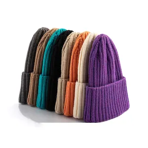 Topi rajut untuk pria wanita, Beanie topi hangat kasual musim gugur warna polos rajut untuk pria dan wanita