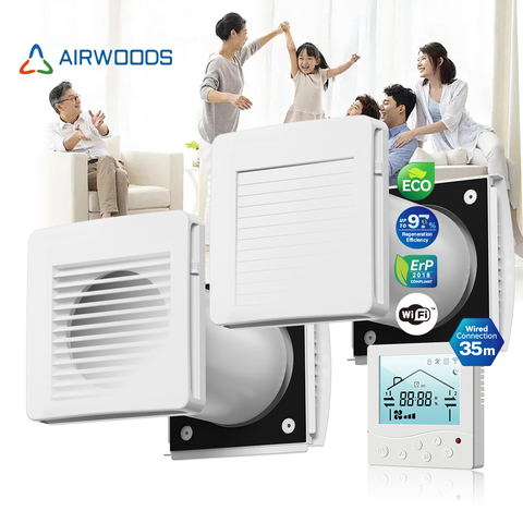 Energy Recovery Ventilation Manual Shutter Silent Duct DC Fan Wired Linkage Control Home Central Heat Recovery Ventilation