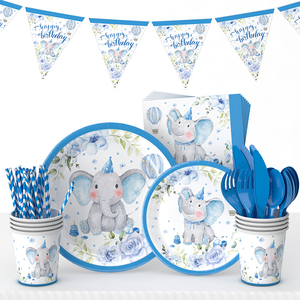 Set di Piatti, Bicchieri e Stoviglie in Carta a Tema Elefante per Festa di Rivelazione del Sesso del Bambino in Stile Blu Carino - Product Image 1