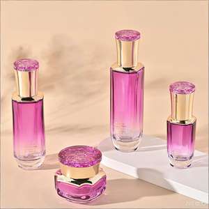Ensemble de pots et de flacons cosmétiques en verre de luxe, flacon pompe rechargeable, <span class=keywords><strong>dégradé</strong></span> violet pour sérum crème vide avec bouchon fleuri - Product Image 1