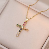 Collar con Cruz de Circonitas Cúbicas Coloridas, Chapado en Oro de 18K, Acero Inoxidable Antideslustre, Joyería para Mujer
