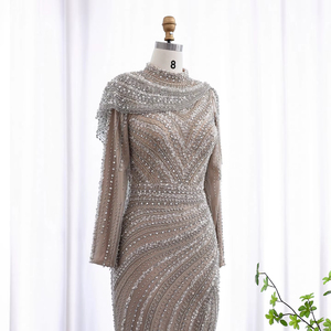 Robes <span class=keywords><strong>de</strong></span> <span class=keywords><strong>Soirée</strong></span> Musulmanes <span class=keywords><strong>de</strong></span> Luxe Argent Nude avec Cape Col Haut et Manches Longues pour Femmes, Fêtes <span class=keywords><strong>de</strong></span> Mariage LSZ035 - Product Image 5