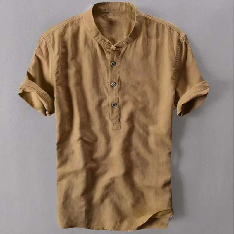2021 Men's Casual Cotton Linen Shirt Summer High Quality Short Sleeve Plain Collar Pure Color Retro Shirt XL 5XL Shirt