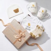Juego de Regalo de Lujo para Bebé Recién Nacido, 5 Piezas, Tema de Osito, Mameluco, Gorro, Calcetines, Taza, con Caja de Regalo para Baby Shower