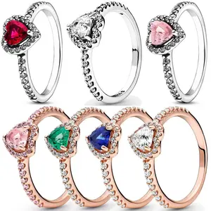 Cincin perak Sterling 925 untuk wanita, cincin kristal warna-warni hati merah tinggi untuk ulang tahun Valentine