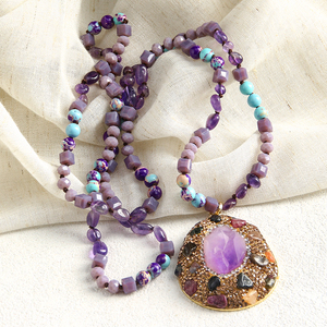Nuevo Collar de Lujo Ligero y Elegante Estilo Bohemio para Mujer, con Piedra Natural de 6mm, Nudo de Cristal, <span class=keywords><strong>Colgante</strong></span> de Arcilla, <span class=keywords><strong>Amatista</strong></span> y Mineral de Hierro - Product Image 3