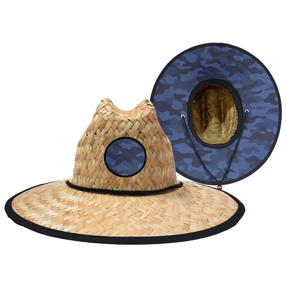 Chapeau de paille de sauveteur unisexe avec logo personnalisé Chapeau de soleil d'extérieur en paille naturelle à large bord Chapeau de paille de sauveteur imprimé surf